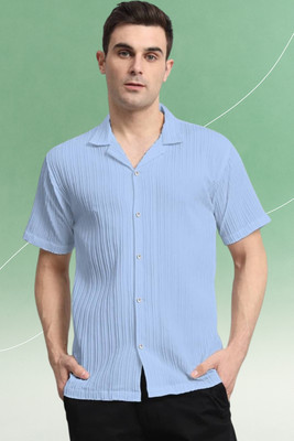 A DEEMOON TREND Men Striped Casual Light Blue Shirt