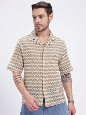 Glitchez Men Self Design Casual Beige Shirt