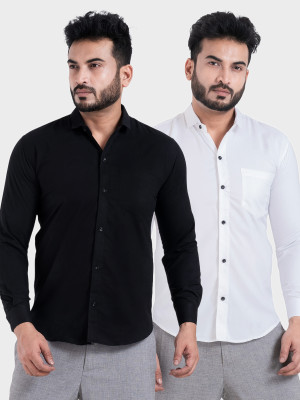 BONCUE Men Solid Casual Black, White Shirt(Pack of 2)