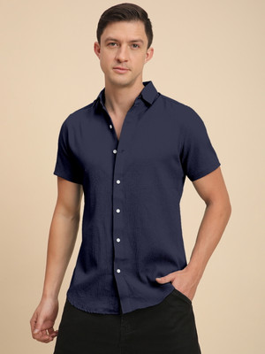 Voroxy Men Solid Casual Dark Blue Shirt