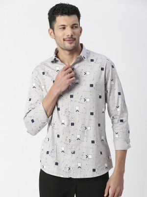 SNX Men Printed Casual Grey, Black, White Shirt