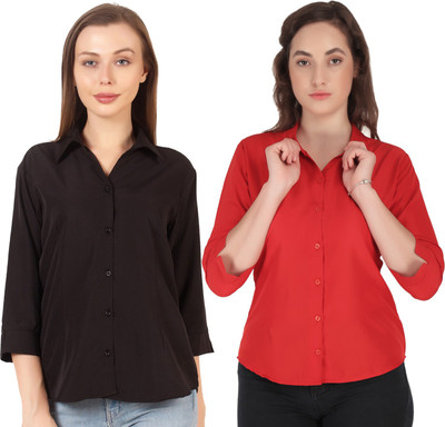 Hunoor Women Solid Formal Black, Beige Shirt(Pack of 2)