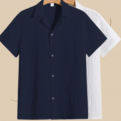 Looksky Men Self Design Casual Dark Blue, White Shirt(Pack of 2)