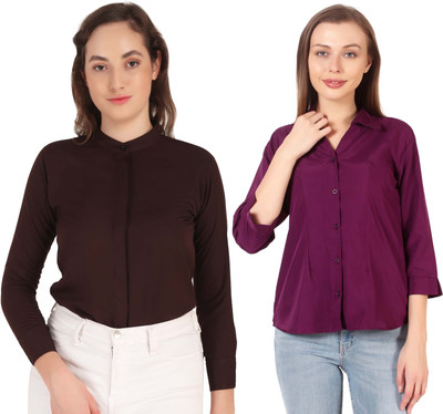 Mamnoon Women Solid Formal Brown, Purple Shirt(Pack of 2)