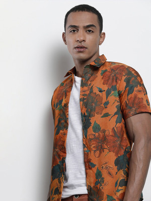 The Indian Garage Co. Men Floral Print Beach Wear Orange Shirt