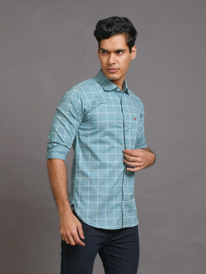 RASSO Men Checkered Casual White, Light Blue Shirt