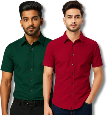 RAREMARK Men Solid Formal Green, Maroon Shirt(Pack of 2)