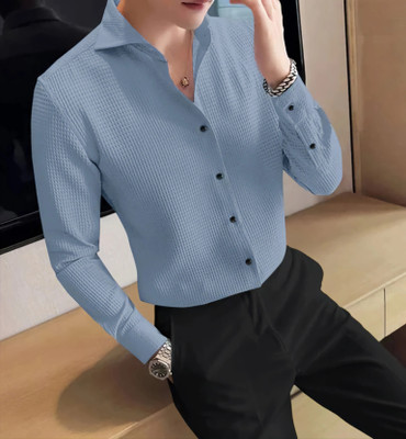 GCFAB Men Checkered, Self Design Casual Light Blue Shirt