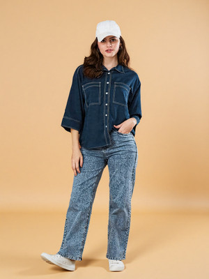 Pearlize Women Solid Casual Dark Blue Shirt