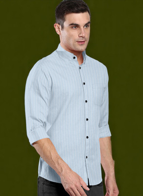CLOSWIF Men Striped Casual Light Blue Shirt