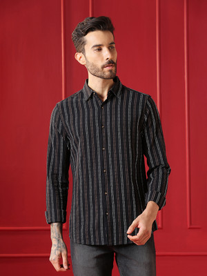 VALENCLUB Men Striped Casual Black Shirt
