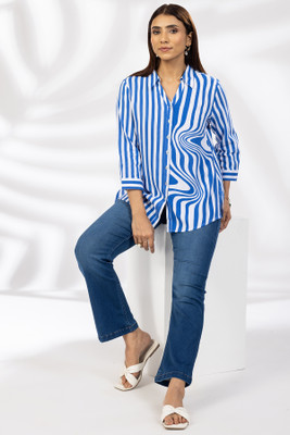 mustard Women Striped Casual Blue Shirt