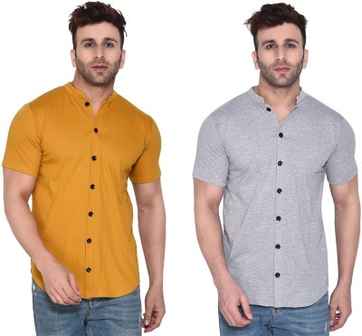 GEUM Men Self Design, Solid Casual Grey, Yellow Shirt(Pack of 2)