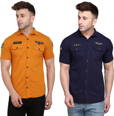Money Leaf Men Solid Casual Dark Blue, Gold Shirt(Pack of 2)