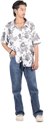 KIYOO Men Printed Casual White, Grey Shirt