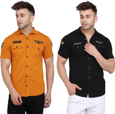BEYOU FASHION Men Solid Casual Black, Yellow Shirt(Pack of 2)
