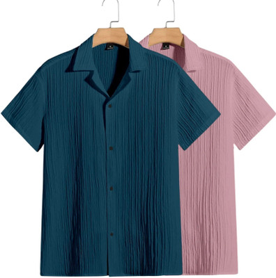 METRONAUT Men Self Design Casual Green, Pink Shirt(Pack of 2)