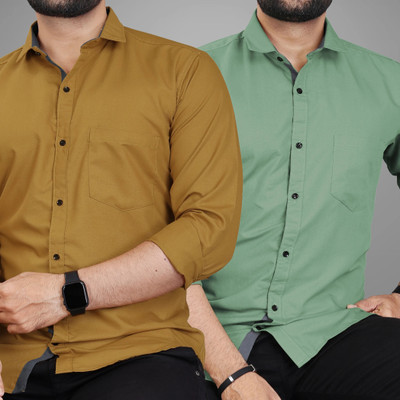BROWEARS Men Solid Casual Yellow, Green Shirt(Pack of 2)