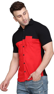GEUM Men Color Block Formal Black, Red Shirt