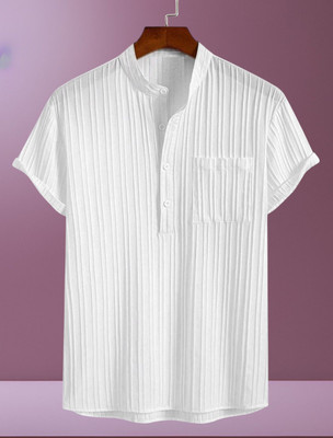 KVARA Men Self Design, Striped Casual White Shirt