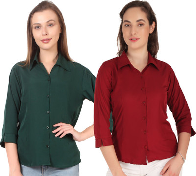 Giggles Women Solid Formal Brown, Black Shirt(Pack of 2)