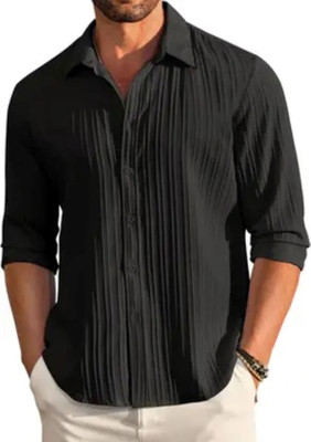 Tyzlo Men Striped, Self Design Casual Black Shirt