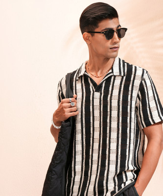 HIGHLANDER Men Striped Casual Beige, Black Shirt