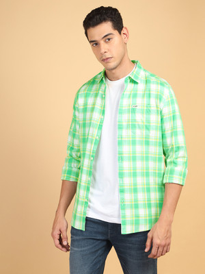 Wrangler Men Checkered Casual Light Green, Yellow, White Shirt