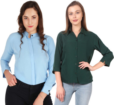 Mamnoon Women Solid Formal Dark Green, Light Blue Shirt(Pack of 2)