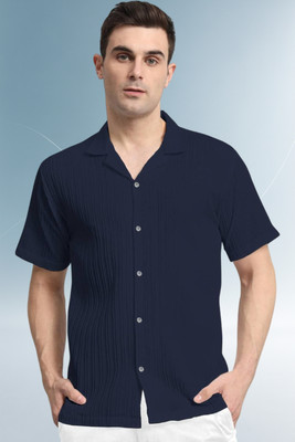 A DEEMOON TREND Men Striped, Self Design Casual Dark Blue Shirt