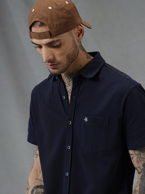 WROGN Men Solid Casual Dark Blue Shirt