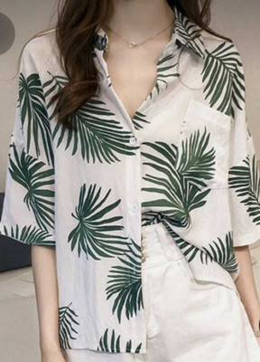 MANOJAVA Women Printed Casual White, Dark Green Shirt