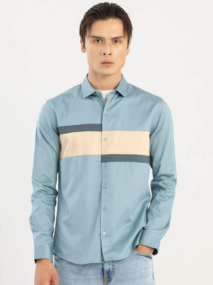 Snitch Men Self Design Casual Light Blue, Cream, Grey Shirt