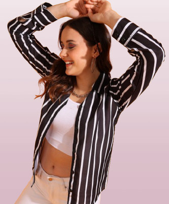 METRONAUT Women Striped Casual Black Shirt