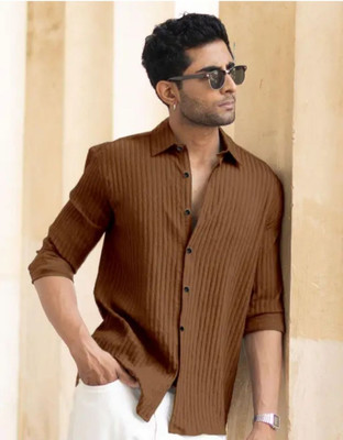 SHFASHION Men Self Design Casual Brown Shirt