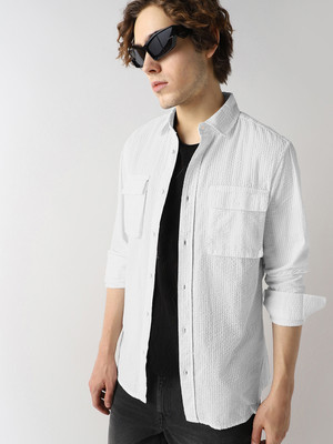 BEWAKOOF Men Self Design Casual White Shirt