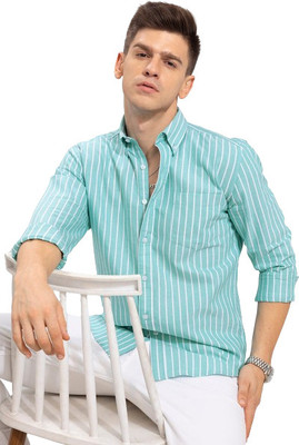 OTUS Men Striped Casual Light Green Shirt