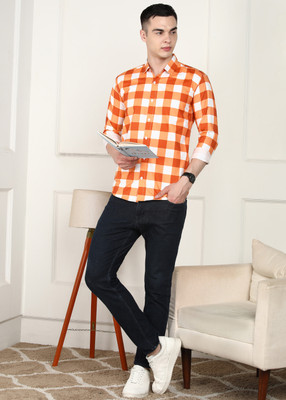 FUBAR Men Checkered Casual Orange Shirt
