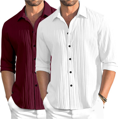OXXOM Men Self Design Casual Maroon, White Shirt(Pack of 2)