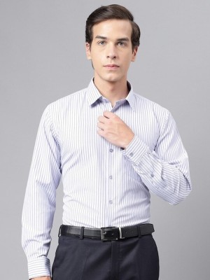 English Navy Men Striped Formal Blue, White Shirt