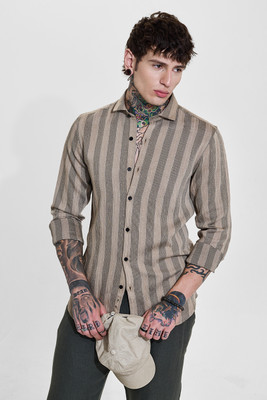 Snitch Men Striped Casual Beige Shirt