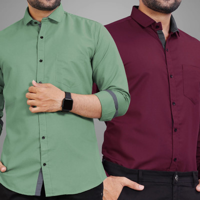BROWEARS Men Solid Casual Green, Maroon Shirt(Pack of 2)