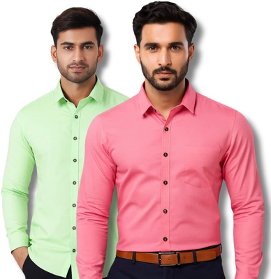 EchoWear Men Solid Casual Light Green, Pink Shirt(Pack of 2)