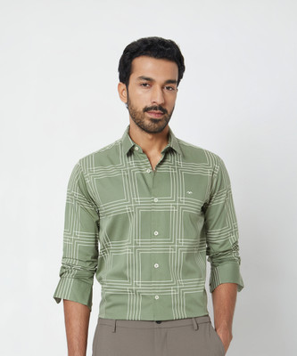 MUFTI Men Checkered Casual Light Green, White Shirt