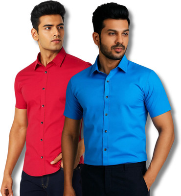RAREMARK Men Self Design Formal Red, Blue Shirt(Pack of 2)