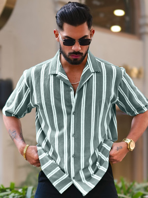 MANIAC Men Striped Casual Green Shirt