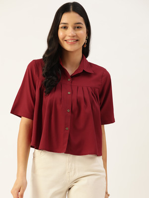 SLENOR Women Solid Casual Maroon Shirt