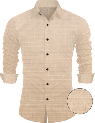 One Click Men Self Design Casual Beige Shirt