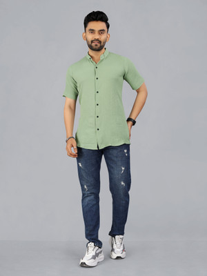 ROMENTIC Men Solid Casual Light Green Shirt