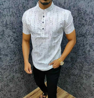 KMENTERPRISE Men Printed Straight Kurta(White, Grey)